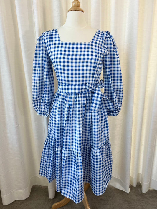 E14: Sample Muay Midi Dress with Nursing Zippers in Blue Gingham, size XS