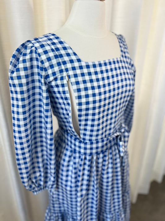 E14: Sample Muay Midi Dress with Nursing Zippers in Blue Gingham, size XS