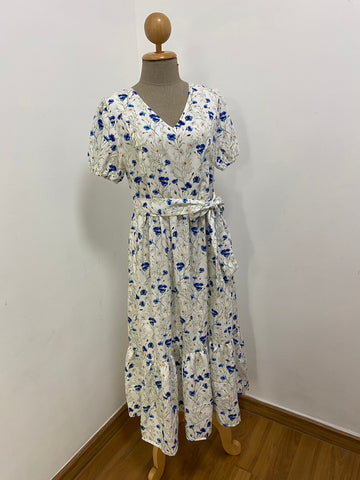 A12: Sample Charming Dress with Nursing Zippers in Blue Cornflowers, Relaxed Fit, Subtle Puff Sleeves, Midi length, Size XS