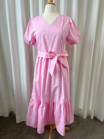 A39: Sample Charming Cotton Dress with Nursing Zippers in Pink, Relaxed Fit, Subtle Puff Sleeves, Midi length, Size S,M