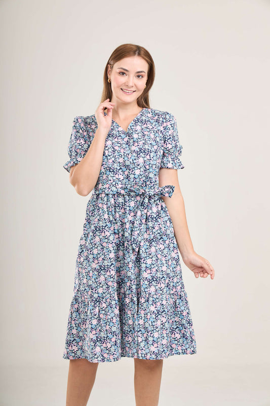 All Day Midi Dress with Nursing in Bow Floral Black