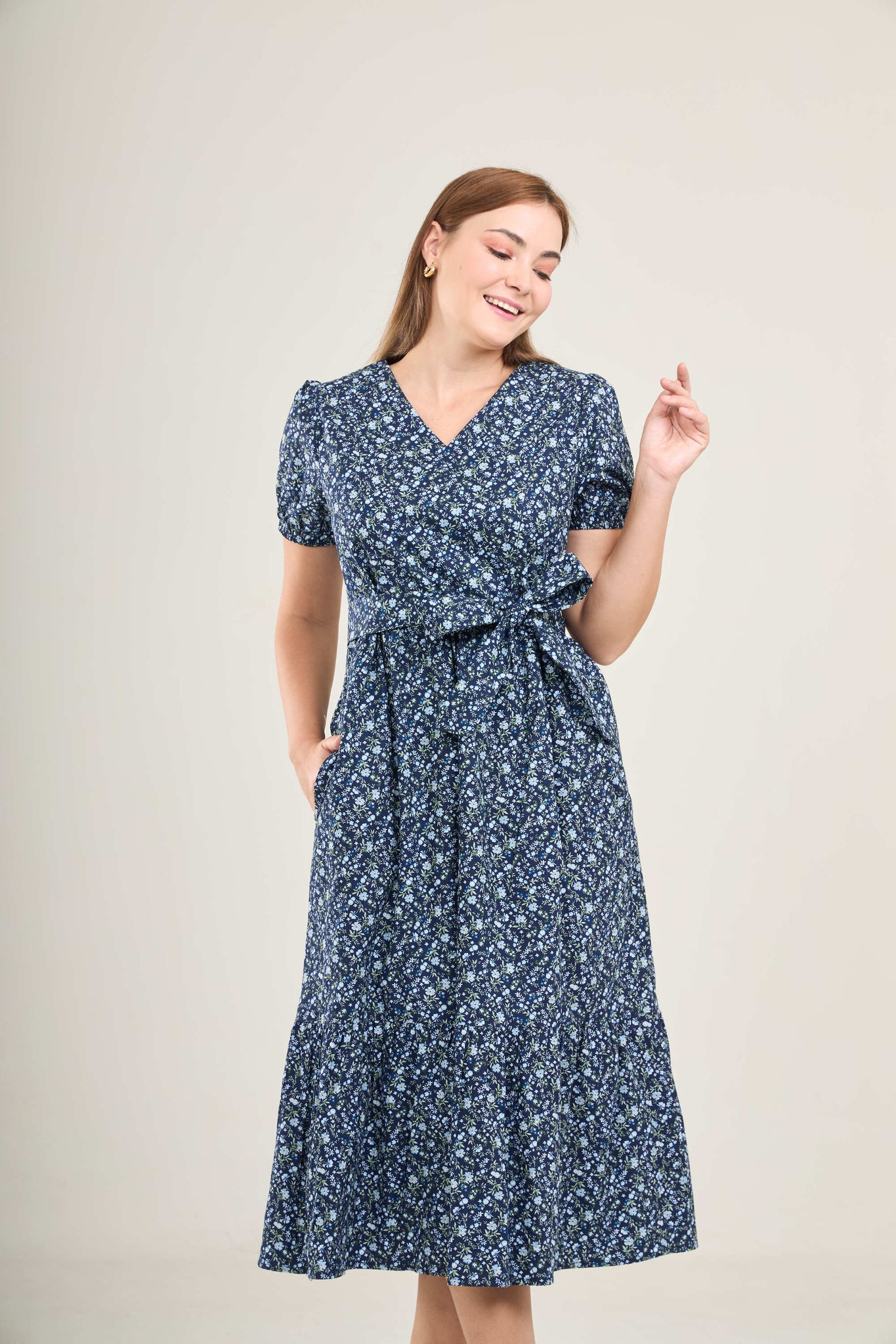 Charming Cotton Dress with Nursing Zippers in Navy Floral