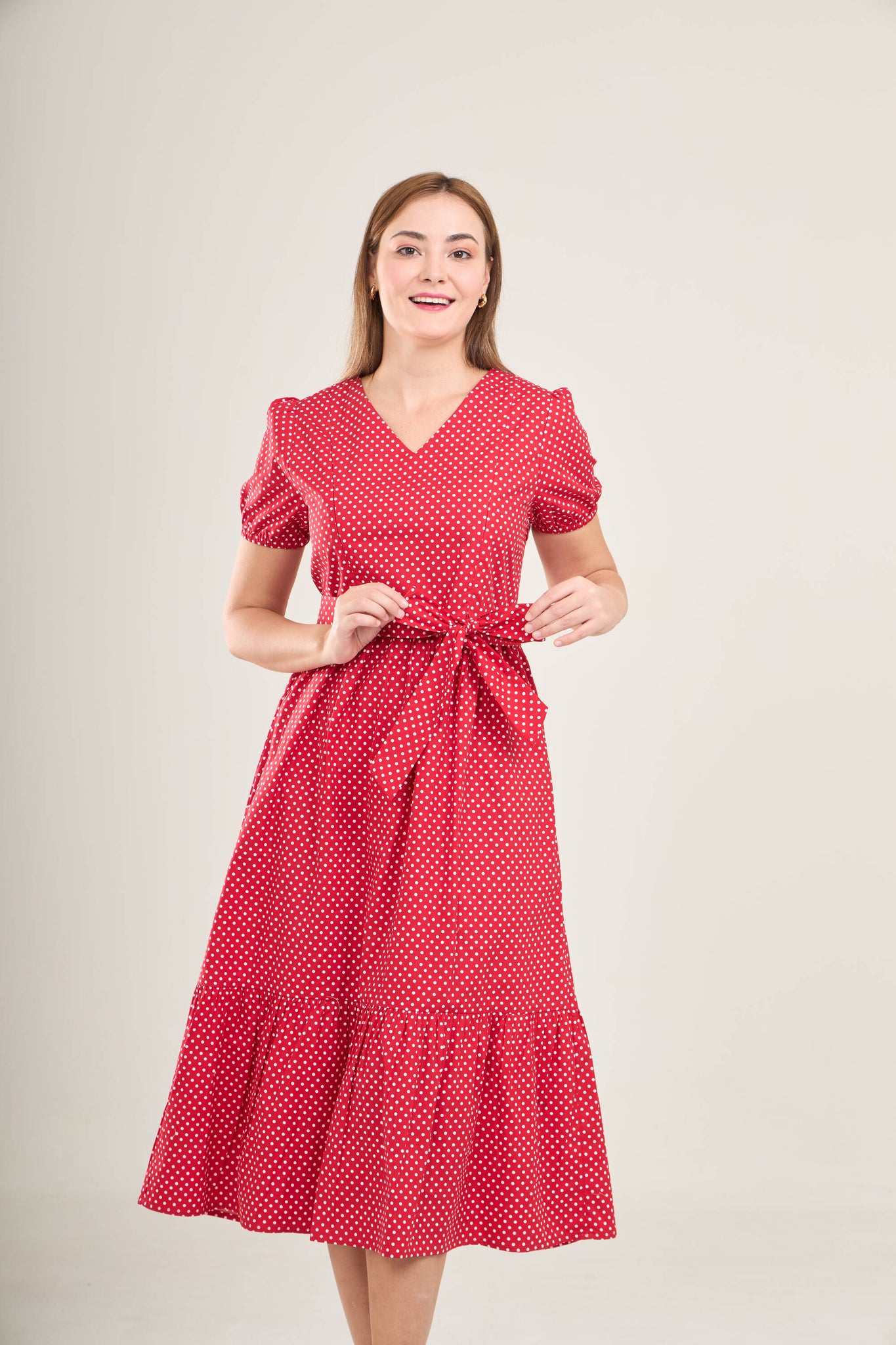 Charming Cotton Dress with Nursing Zippers in Red Polka Dot