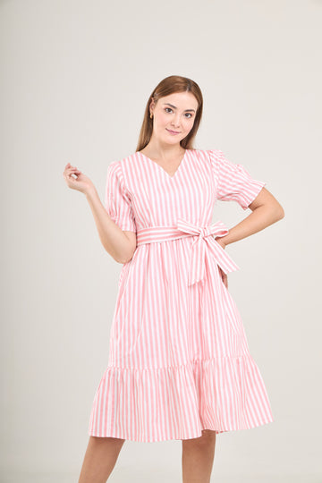 All Day Midi Dress with Nursing Zippers in Pink Stripe