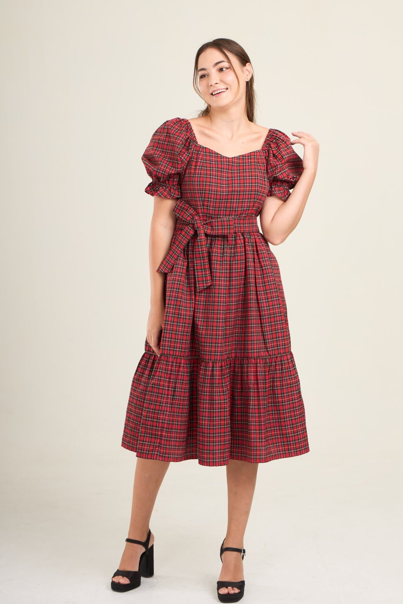 Ann Midi Dress with Nursing Zippers in Red Tartan Plaid