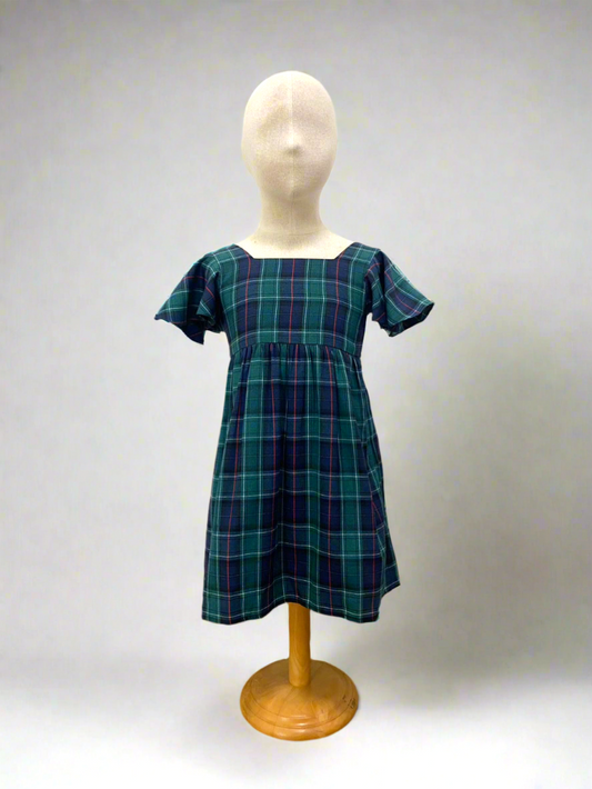 Little Princess Dress (Girls) in Navy Green Tartan Plaid