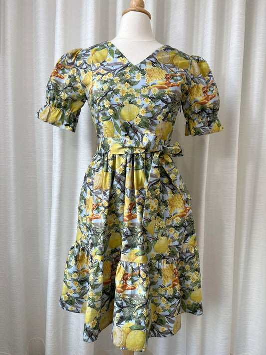 E13: All day dress with nursing zippers in Lemon Green print, knee-length, relaxed fit, size S (Final Sale)