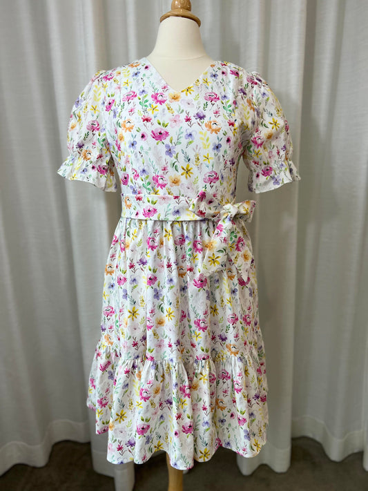 A1: Sample Dress All day with nursing zippers in watercolor blooms, knee-length, relaxed fit, size S