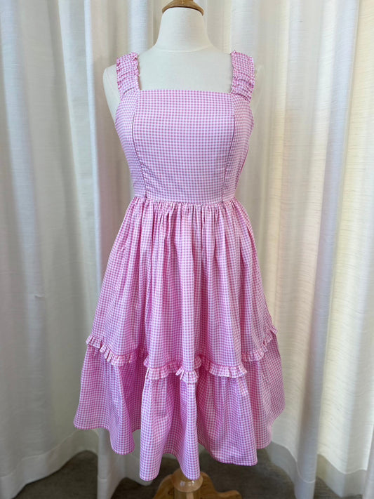 A4: Sample Dress Kanya Knee-length with nursing zippers in Pink Gingham, Size XS