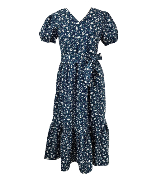 Charming Cotton Dress with Nursing Zippers in Navy Dainty Floral