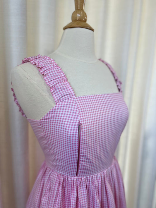 A4: Sample Dress Kanya Knee-length with nursing zippers in Pink Gingham, Size XS